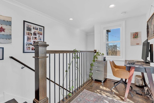 home office featuring baseboards, recessed lighting, wood finished floors, and ornamental molding