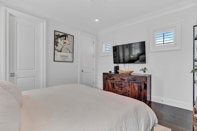 bedroom featuring recessed lighting, ornamental molding, dark wood-style floors, and baseboards