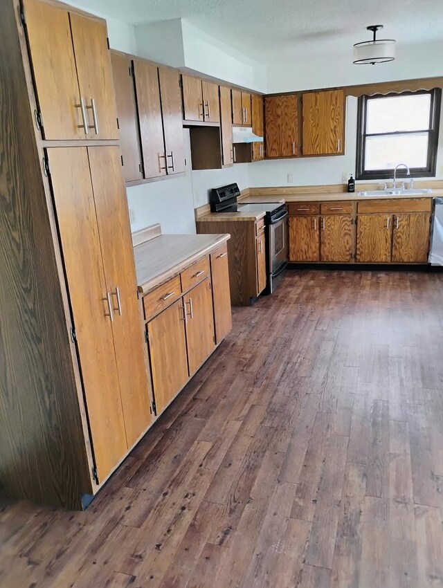 kitchen featuring light countertops, dark wood-type flooring, a sink, dishwasher, and brown cabinets