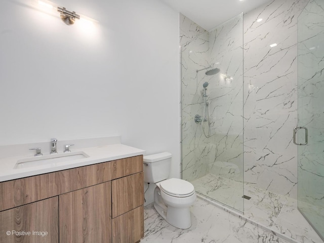 bathroom with a marble finish shower, toilet, vanity, and marble finish floor