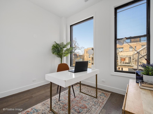 office featuring dark wood finished floors, visible vents, and baseboards