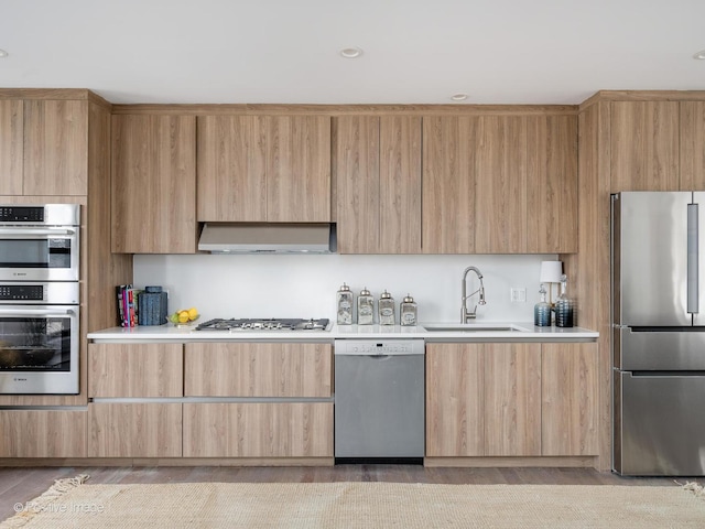 kitchen with a sink, appliances with stainless steel finishes, modern cabinets, and exhaust hood