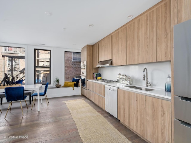 kitchen featuring range hood, stainless steel appliances, light brown cabinetry, and a sink