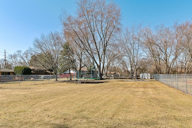 view of yard with an outbuilding, a trampoline, and a fenced backyard