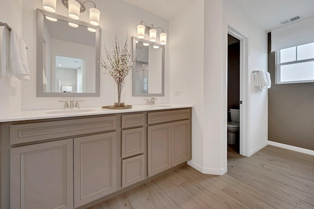 bathroom with visible vents, toilet, wood finished floors, and a sink