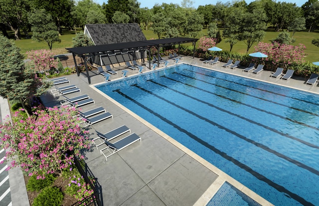 pool with a pergola, a patio, and fence