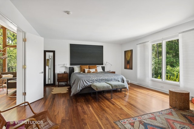 bedroom featuring multiple windows and wood finished floors