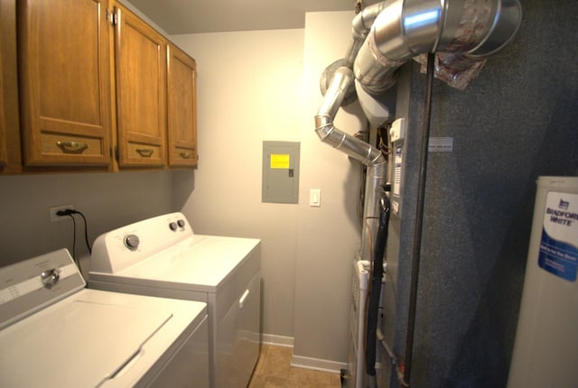 clothes washing area with washing machine and clothes dryer, baseboards, gas water heater, electric panel, and cabinet space