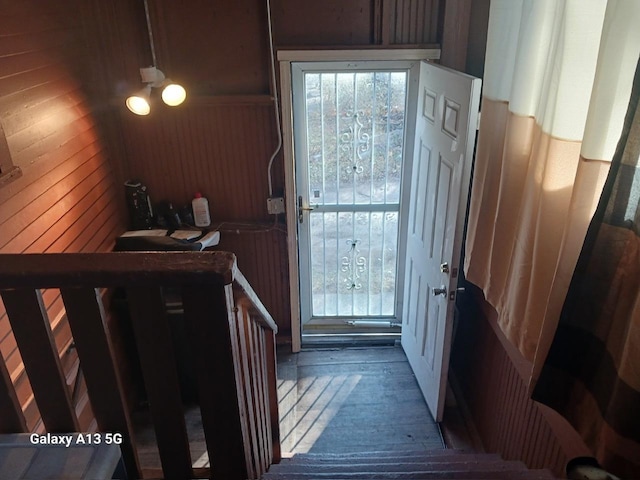 kitchen with wood walls