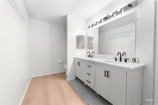 full bath featuring double vanity, toilet, baseboards, and a sink