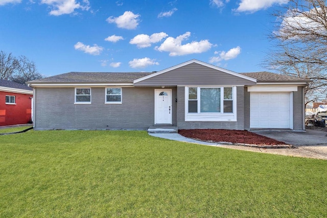 single story home featuring brick siding, driveway, a front yard, and a garage