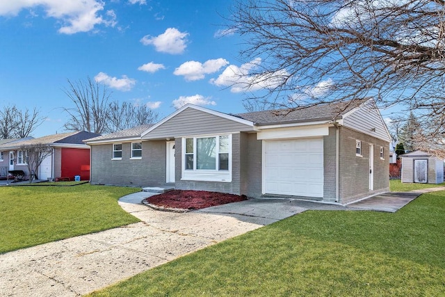 ranch-style house featuring a garage, a front yard, brick siding, and driveway