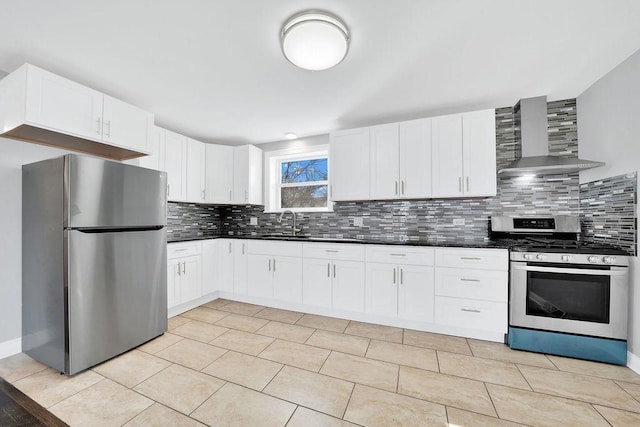 kitchen with dark countertops, backsplash, appliances with stainless steel finishes, and wall chimney exhaust hood