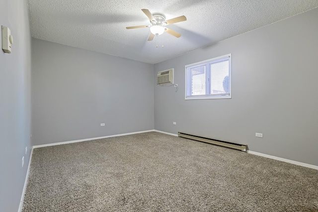 carpeted empty room with baseboards, a textured ceiling, a ceiling fan, and a baseboard radiator