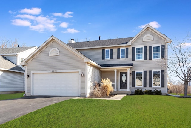 view of front of house with a front yard, concrete driveway, an attached garage, and a chimney