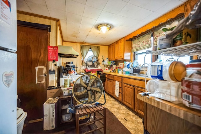 kitchen featuring under cabinet range hood, brown cabinets, light countertops, and ornamental molding