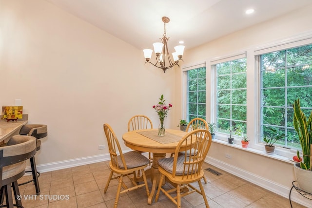 dining space featuring visible vents, a notable chandelier, recessed lighting, light tile patterned flooring, and baseboards