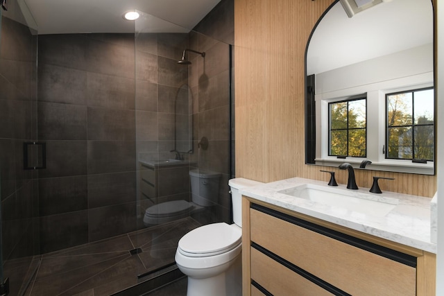 bathroom with a stall shower, toilet, and vanity