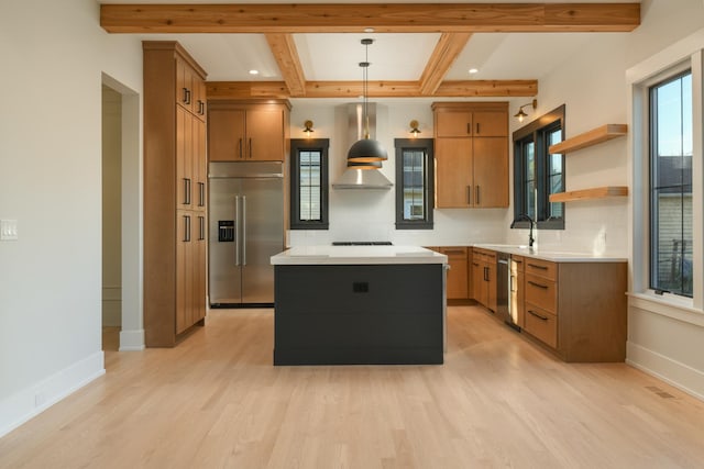 kitchen featuring open shelves, decorative backsplash, appliances with stainless steel finishes, and light countertops