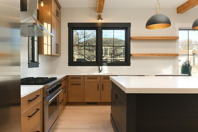 kitchen featuring beam ceiling, a sink, stainless steel appliances, exhaust hood, and light countertops