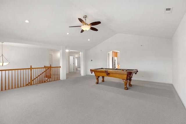 game room with visible vents, pool table, ceiling fan, lofted ceiling, and arched walkways