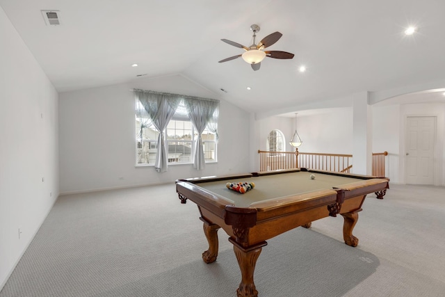 rec room featuring visible vents, lofted ceiling, recessed lighting, ceiling fan, and light colored carpet