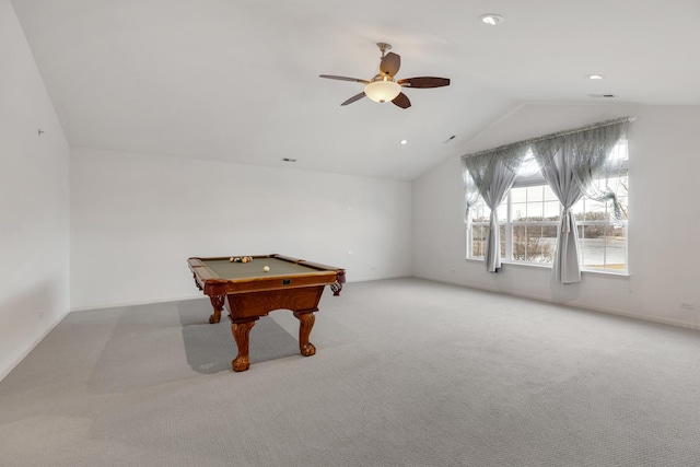 game room with carpet flooring, pool table, a ceiling fan, and vaulted ceiling