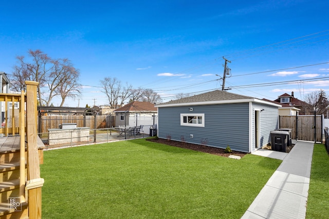 view of yard with an outbuilding and a fenced backyard