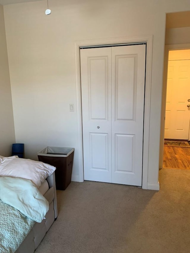 bedroom with a closet and light colored carpet