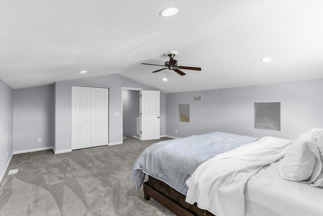 3402 Mill Creek Ct, Champaign, IL 61822 - bedroom featuring visible vents, lofted ceiling, baseboards, ceiling fan, and carpet flooring