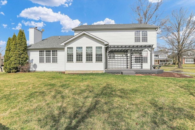 3402 Mill Creek Ct, Champaign, IL 61822 - rear view of house featuring a lawn, a pergola, a chimney, and a wooden deck