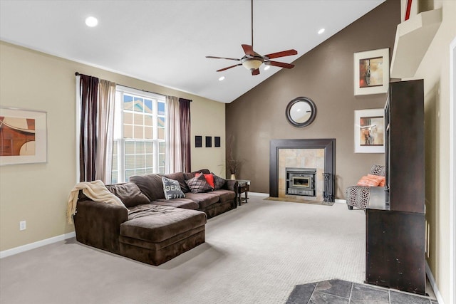 3402 Mill Creek Ct, Champaign, IL 61822 - living area with a ceiling fan, high vaulted ceiling, baseboards, and carpet