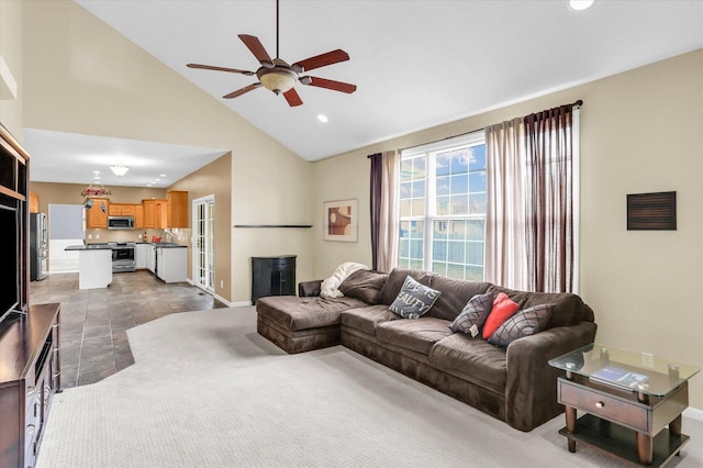 3402 Mill Creek Ct, Champaign, IL 61822 - living room with recessed lighting, ceiling fan, baseboards, and high vaulted ceiling
