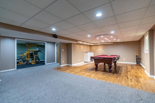 recreation room with pool table, wood finished floors, recessed lighting, and baseboards