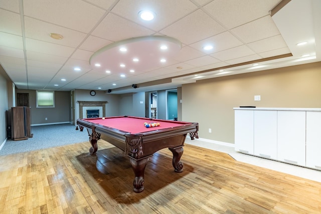 game room featuring recessed lighting, light wood-type flooring, baseboards, and billiards