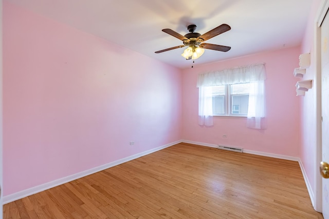 spare room featuring baseboards, visible vents, and light wood finished floors