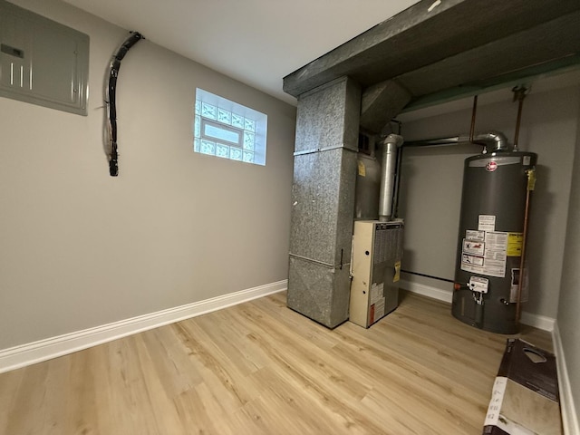 utilities featuring electric panel, heating unit, and water heater