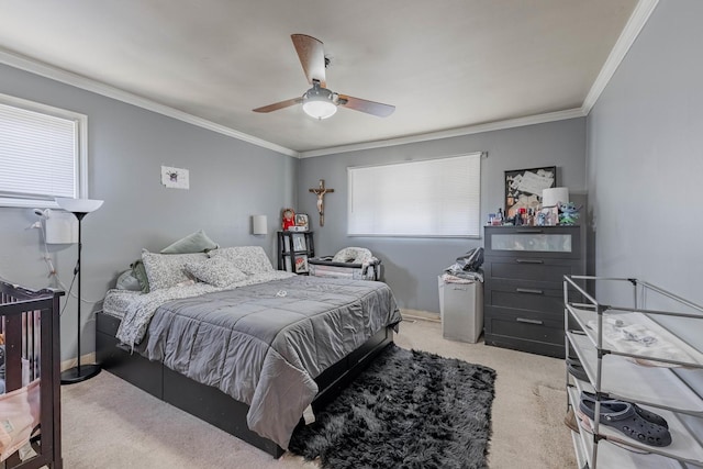 bedroom with ceiling fan, light carpet, baseboards, and ornamental molding