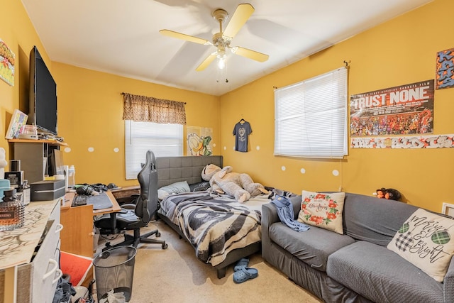 bedroom with carpet floors and ceiling fan