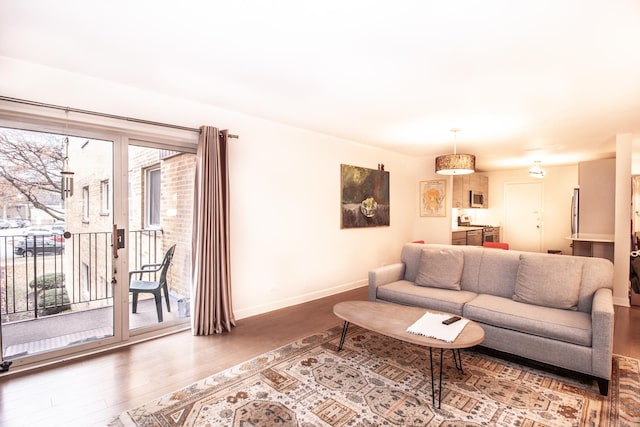 living area featuring a wealth of natural light, baseboards, and wood finished floors