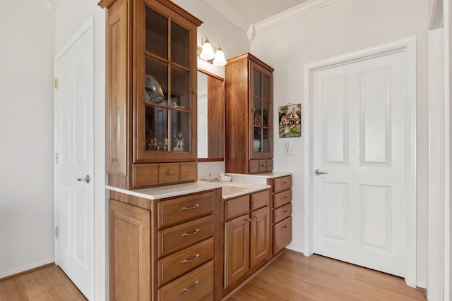 bathroom featuring vanity, crown molding, wood finished floors, and baseboards