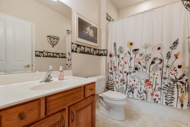 full bathroom with vanity, toilet, and shower / bathtub combination with curtain