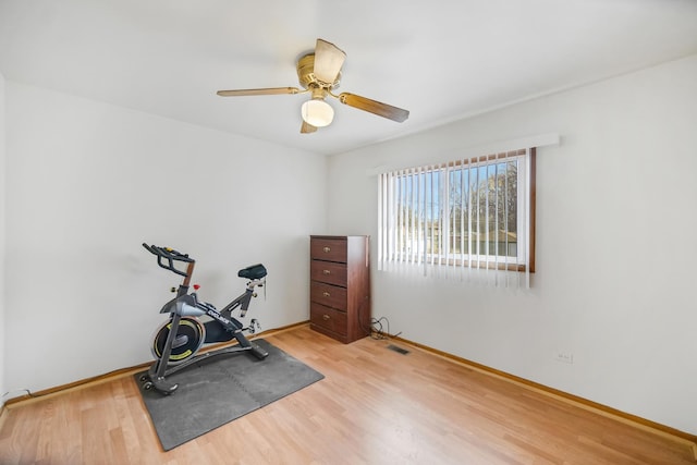 exercise area featuring visible vents, wood finished floors, and a ceiling fan