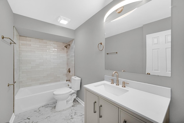 bathroom featuring tub / shower combination, baseboards, toilet, marble finish floor, and vanity