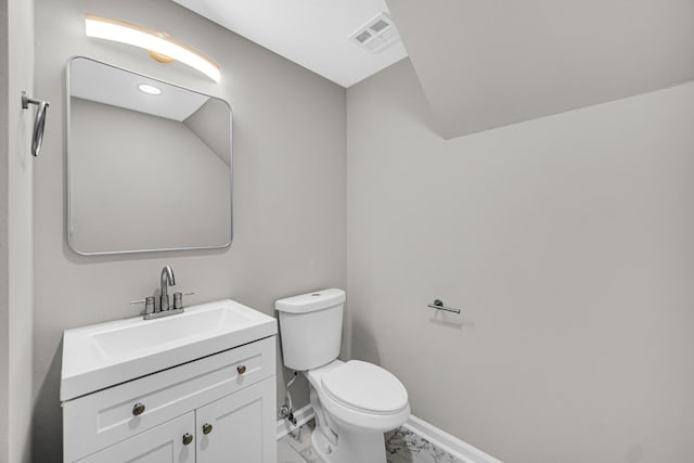 half bathroom with visible vents, baseboards, toilet, marble finish floor, and vanity