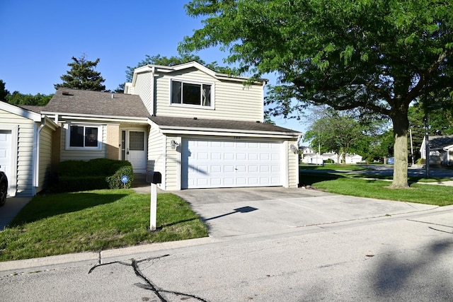 traditional-style house with a garage, concrete driveway, a front yard, and a shingled roof