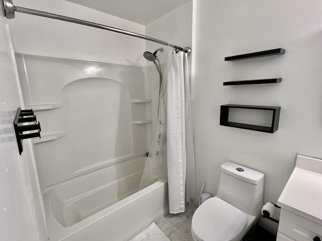 bathroom featuring shower / bath combo with shower curtain, toilet, and vanity