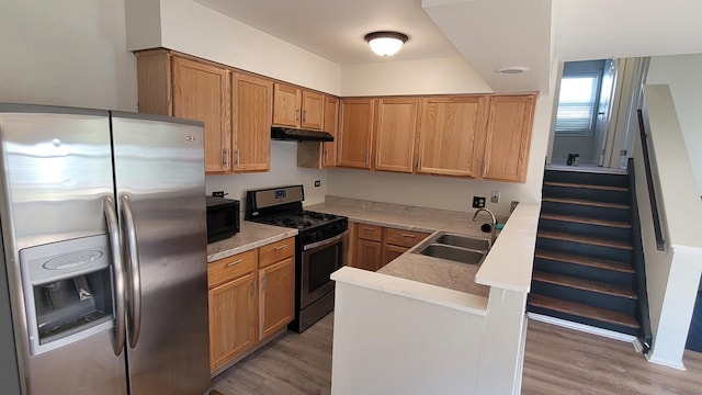 kitchen featuring under cabinet range hood, light wood-style floors, appliances with stainless steel finishes, and a sink