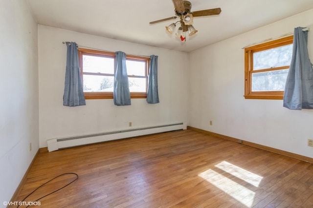 empty room featuring ceiling fan, hardwood / wood-style flooring, baseboards, and a baseboard radiator