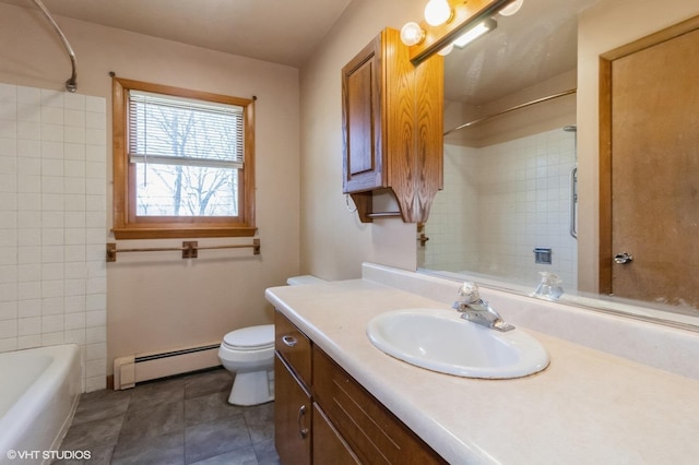 bathroom with toilet, tile patterned floors, vanity,  shower combination, and a baseboard radiator